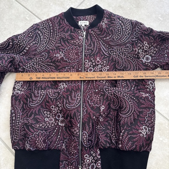 Suno Black & Purple Paisley Floral Bomber Jacket Full Zip Coat Lined Preppy Sz 2 - Picture 6 of 12